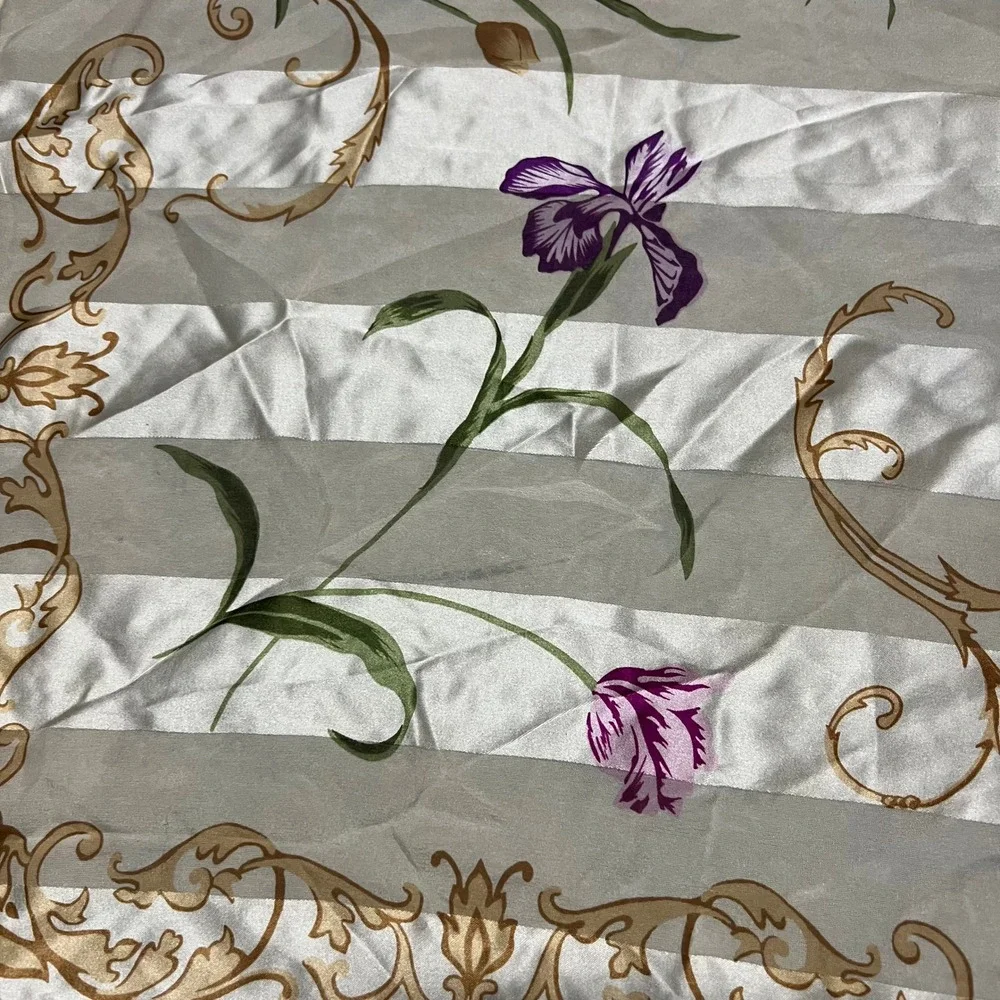 The Specialty House Silk Scarf Square Floral Iris Striped Gold Purple Cream 32in